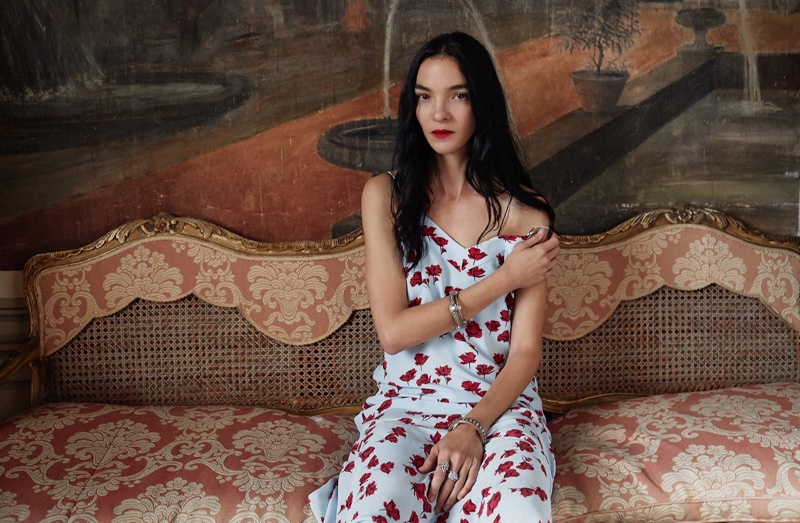 Mariacarla Boscono poses in floral print dress for Equipment's spring-summer 2018 campaign