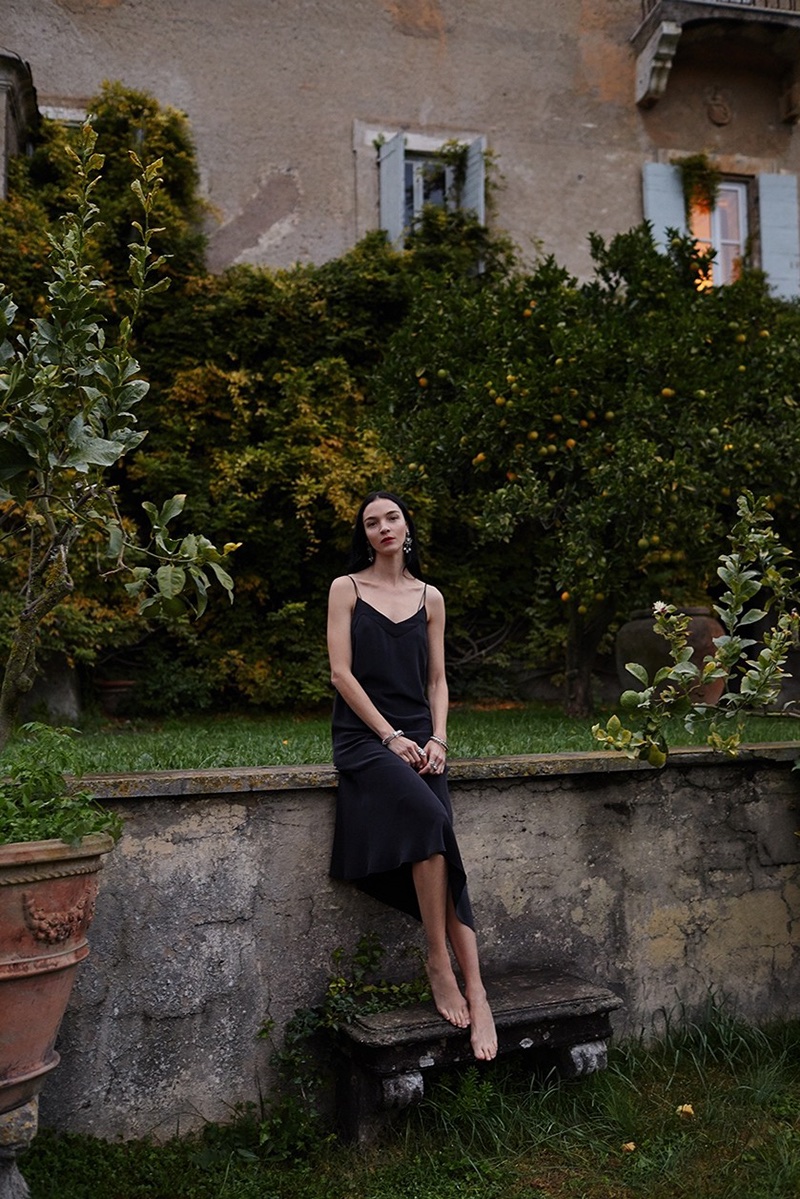 Model Mariacarla Boscono wears little black dress in Equipment's spring-summer 2018 campaign