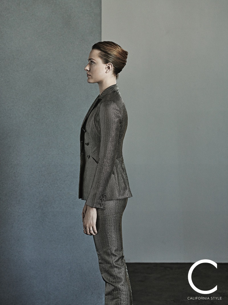 Actress Evan Rachel Wood poses in Dior jacket and pants