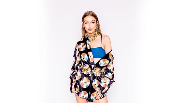 Gigi Hadid wears H&M x Moschino collaboration in this sketch.