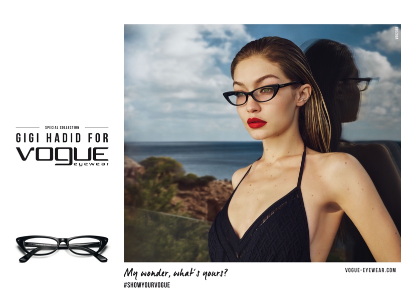 Gigi Hadid models cat-eye frame for 2018 Vogue Eyewear campaign