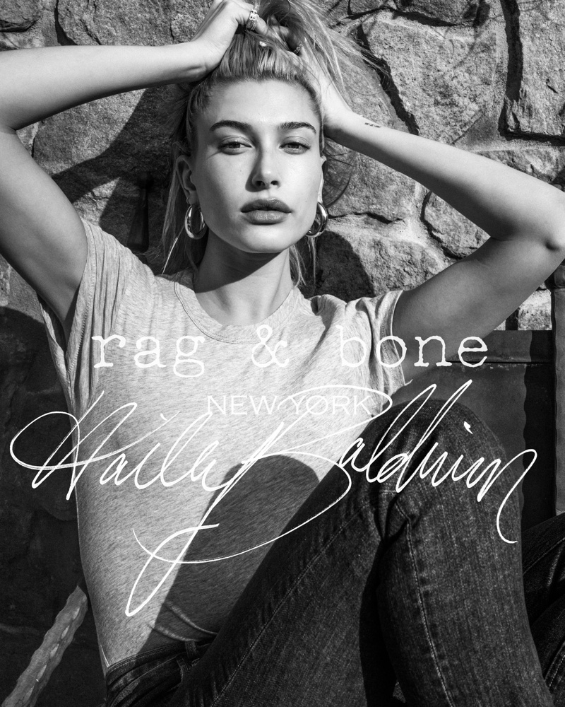 Photographed in black and white, Hailey Baldwin appears in Rag & Bone's 2018 D.I.Y. Project
