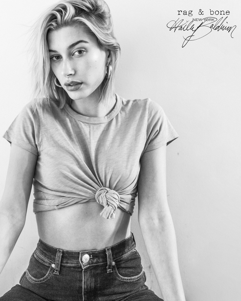 Hailey Baldwin poses in Rag & Bone 2018 D.I.Y. Project