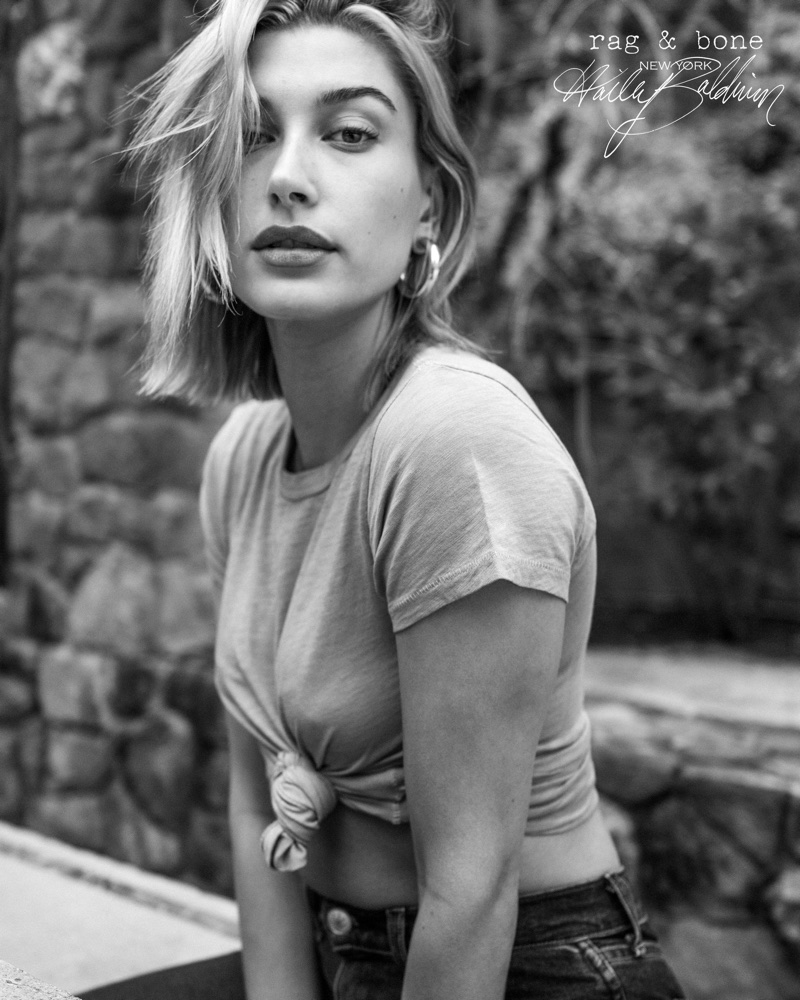 Model Hailey Baldwin poses in denim for Rag & Bone 2018 D.I.Y. Project