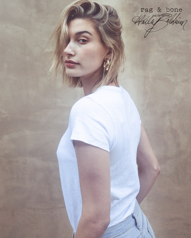 Hailey Baldwin wears a simple white tee in Rag & Bone D.I.Y. Project