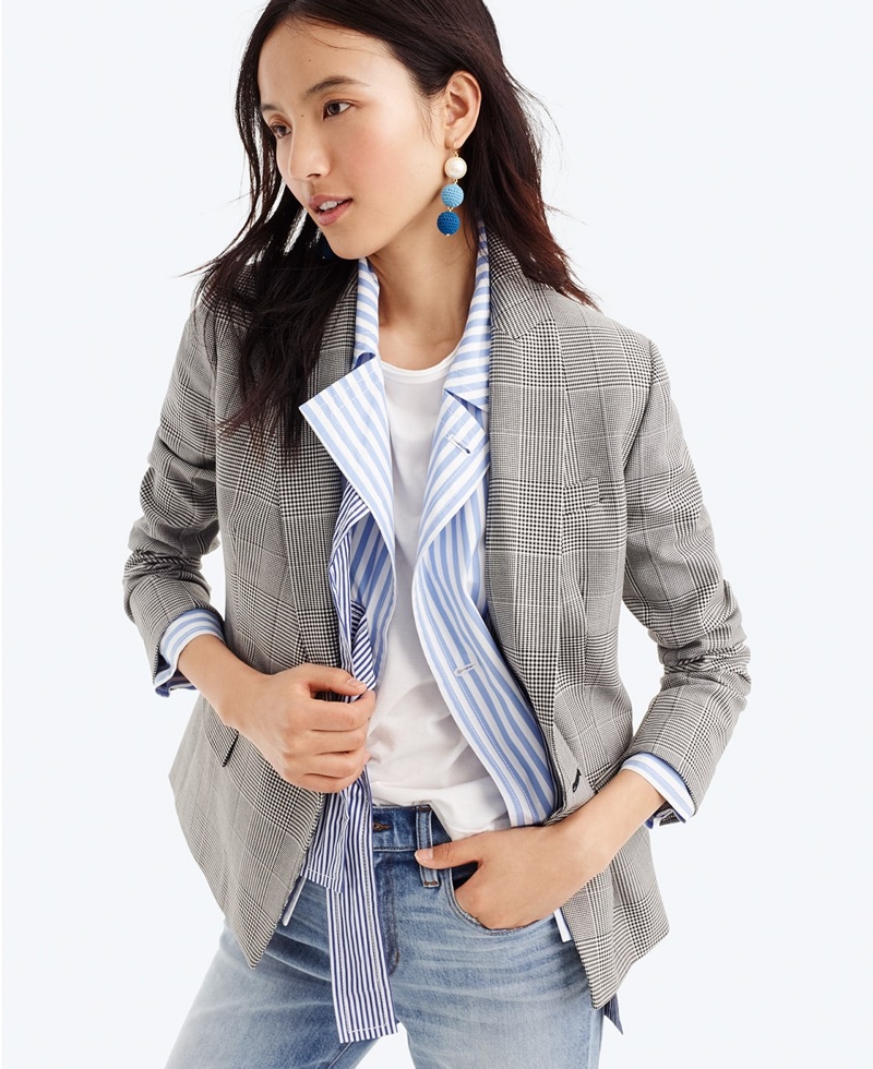 J. Crew Dover Blazer in Glen Plaid, Bow-Front Cropped Jacket in Mixed Stripe, 9" High-Rise Toothpick Jean in Wilkerson and Crochet Bead and Pearl Drop Earrings