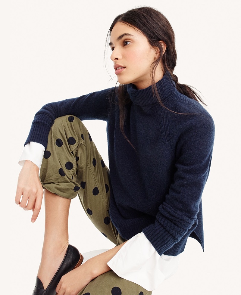 J. Crew Turtleneck Sweater with Side Slits in Supersoft Yarn, Slim Perfect Shirt in Cotton Poplin and Boyfriend Chino Pant in Polka Dot