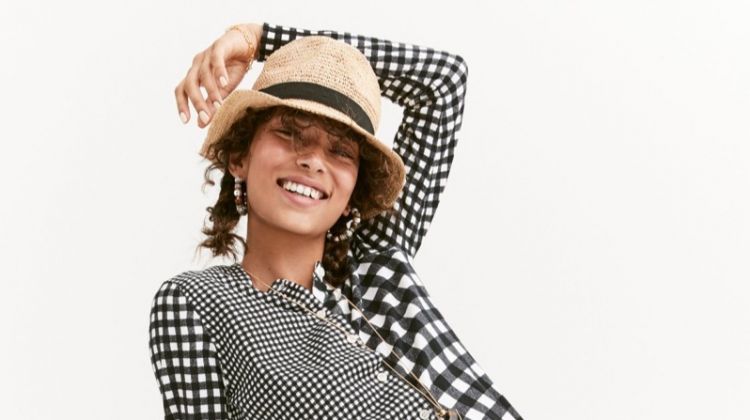 J. Crew Cotton Jackie Cardigan in Gingham, High-Waisted Bikini Bottom in Oversized Matte Gingham, Packable Straw Hat and Fan Rattan Clutch