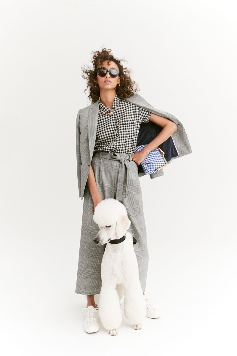 J. Crew Gingham Pajama Top, Pleated Wide-Leg Pant in Glen Plaid, Frame Clutch and Cabana Oversized Sunglasses 