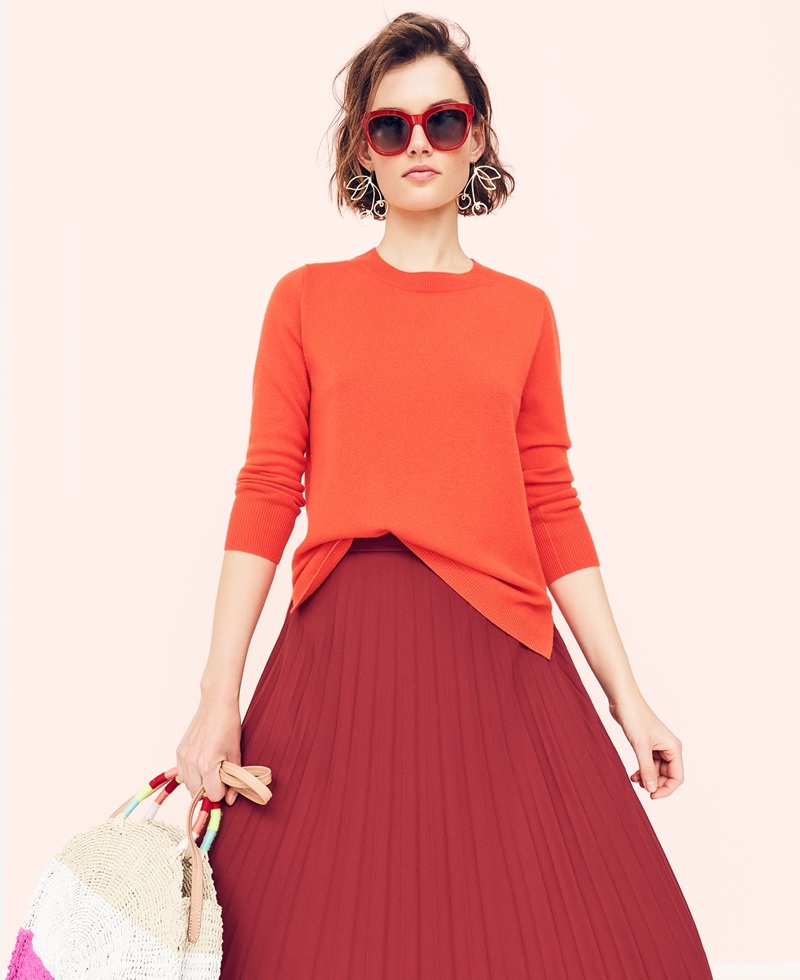 J. Crew Everyday Cashmere Crewneck Sweater, Pleated Midi Skirt, Cherry Earrings and Circle Straw Tote in Colorblock