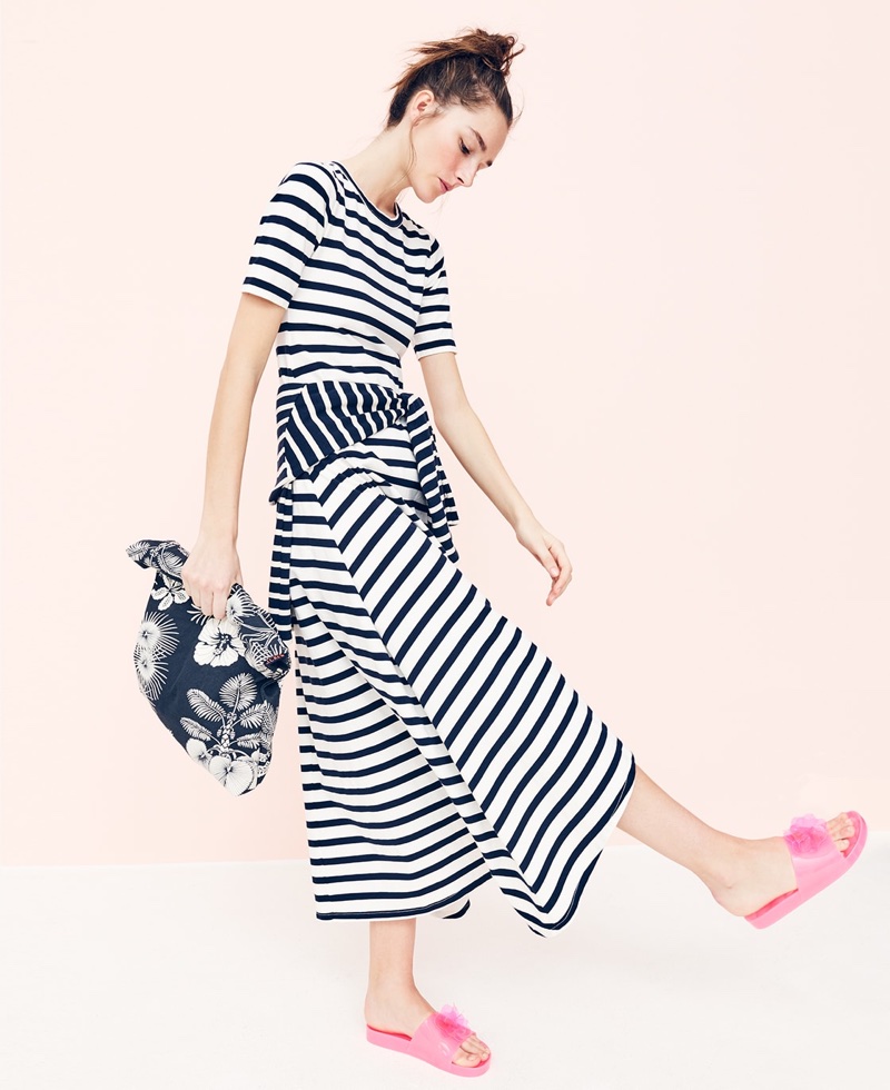 J. Crew Striped Knit Maxi Dress, Canvas Tote in Palm Tree and Pink Blossom Pool Slides