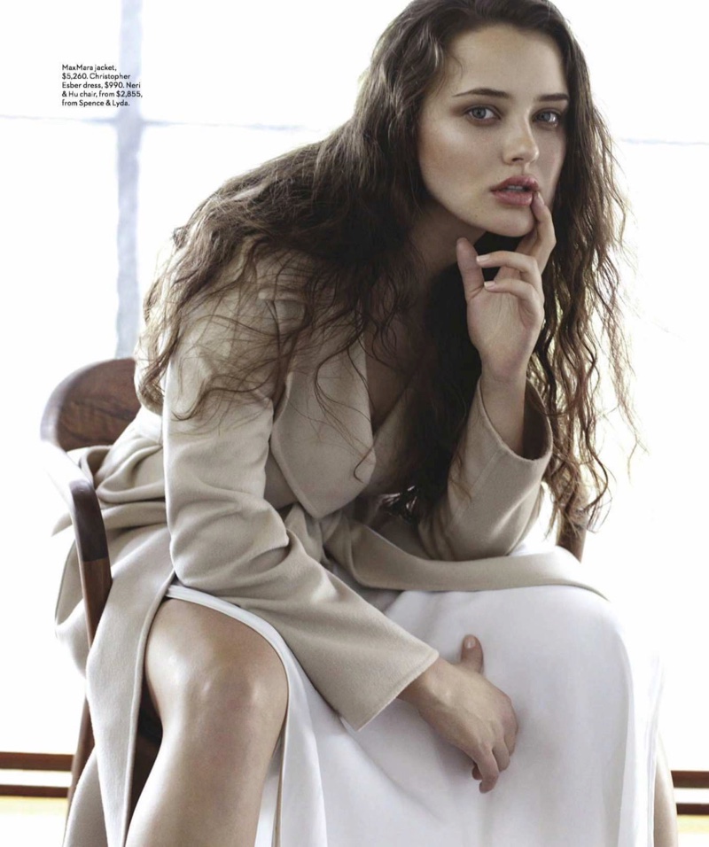 Actress Katherine Langford wears Max Mara jacket and Christopher Esber dress