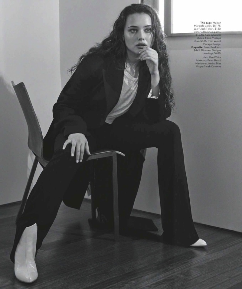 Katherine Langford poses in Maison Margiela jacket, Jac + Jack t-shirt, Victoria Beckham pants and Kate Sylvester shoes