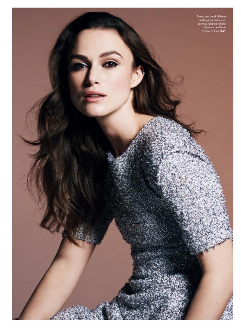 Keira Knightley poses in Chanel metallic tweed dress and earrings