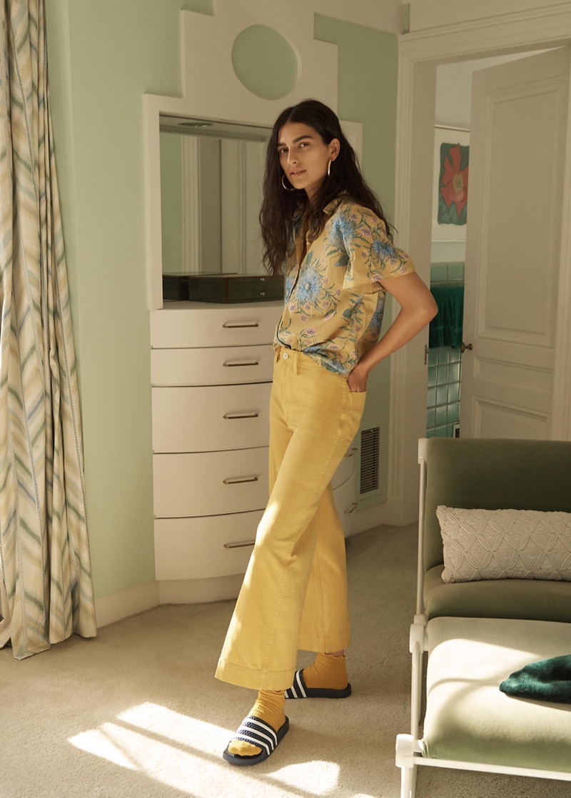Madewell Ruffle-Sleeve Button-Down Shirt in Painted Blooms, Emmett Wide-Leg Crop Pants in Greek Gold and adidas Adilette Slides