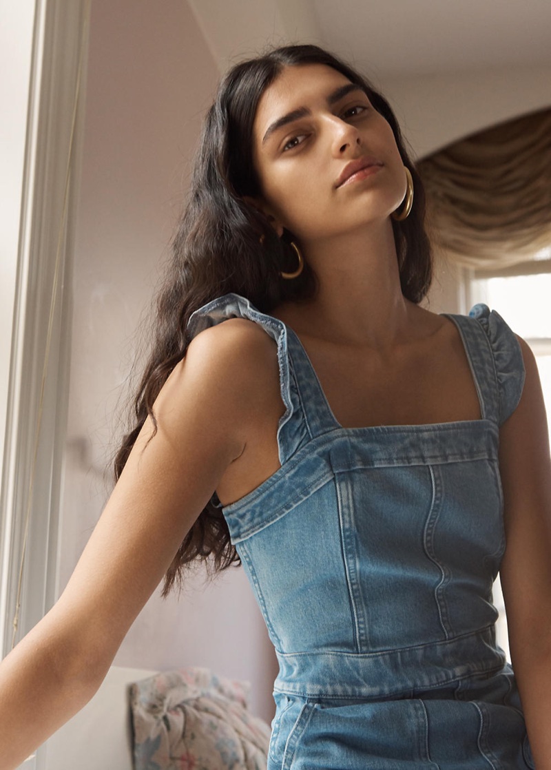 Madewell Denim Ruffle-Strap Jumpsuit and Chunky Oversized Hoop Earrings