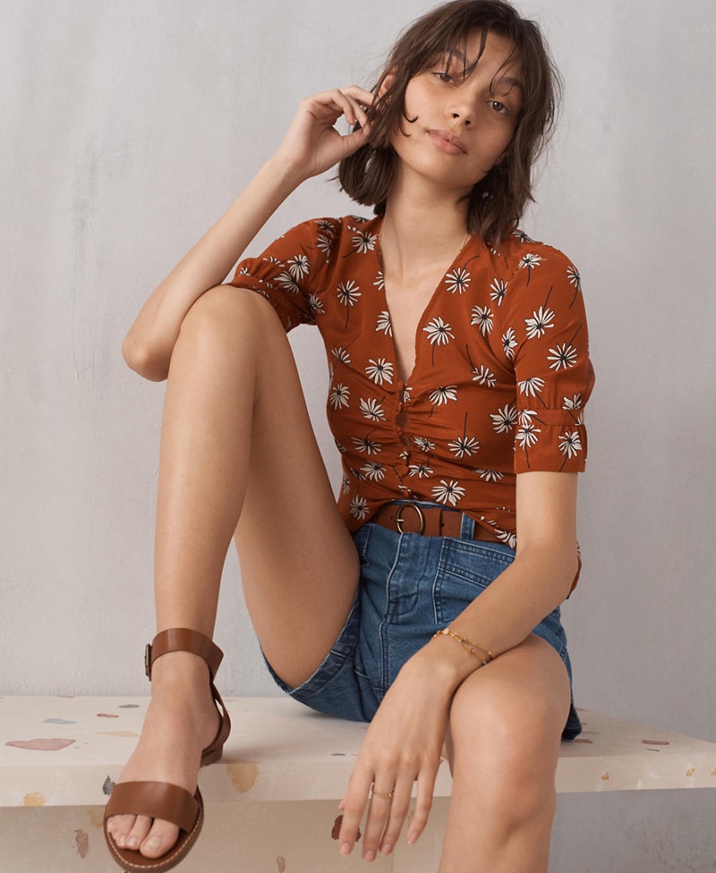 Madewell Silk Daylight Top in Fresh Daisies, High-Rise Denim Shorts: Patch Pocket Edition and The Boardwalk Ankle-Strap Sandal