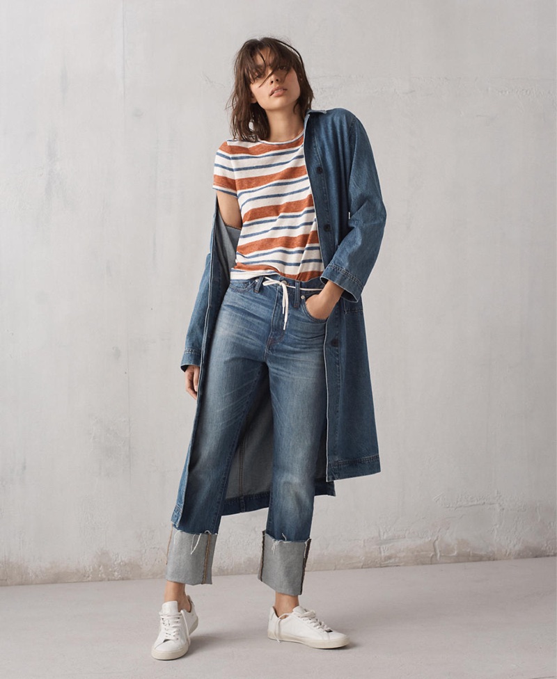 Madewell Denim Duster Coat, Hi-Fi Shrunken Tee in Mary-Lou Stripe, Rigid Straight Crop Jeans: Tall Cuff Edition and Madewell x Veja Esplar Low Sneakers