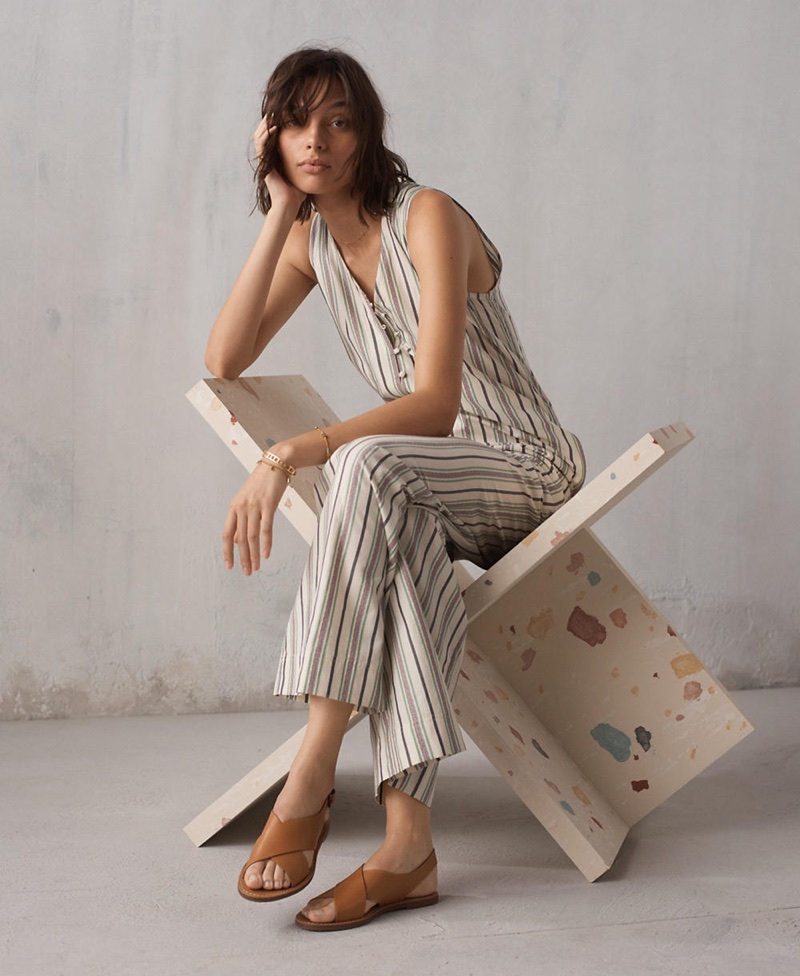 Madewell Striped Button-Down Jumpsuit and The Boardwalk Crossover Sandal
