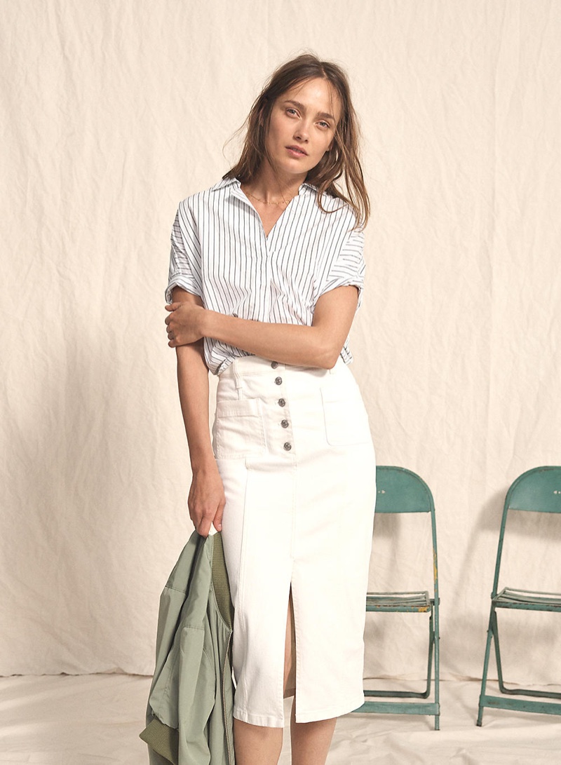 Madewell Courier Button-Back Shirt in Stripe-Play, Side-Zip Bomber Jacket and White High-Slit Jean Skirt