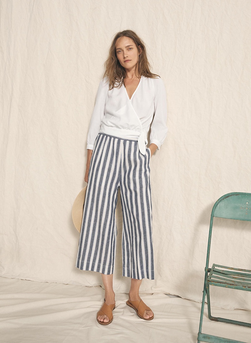 Madewell Wrap Top in Eyelet White, Huston Pull-On Crop Pants in Stripe and The Boardwalk Crossover Sandal