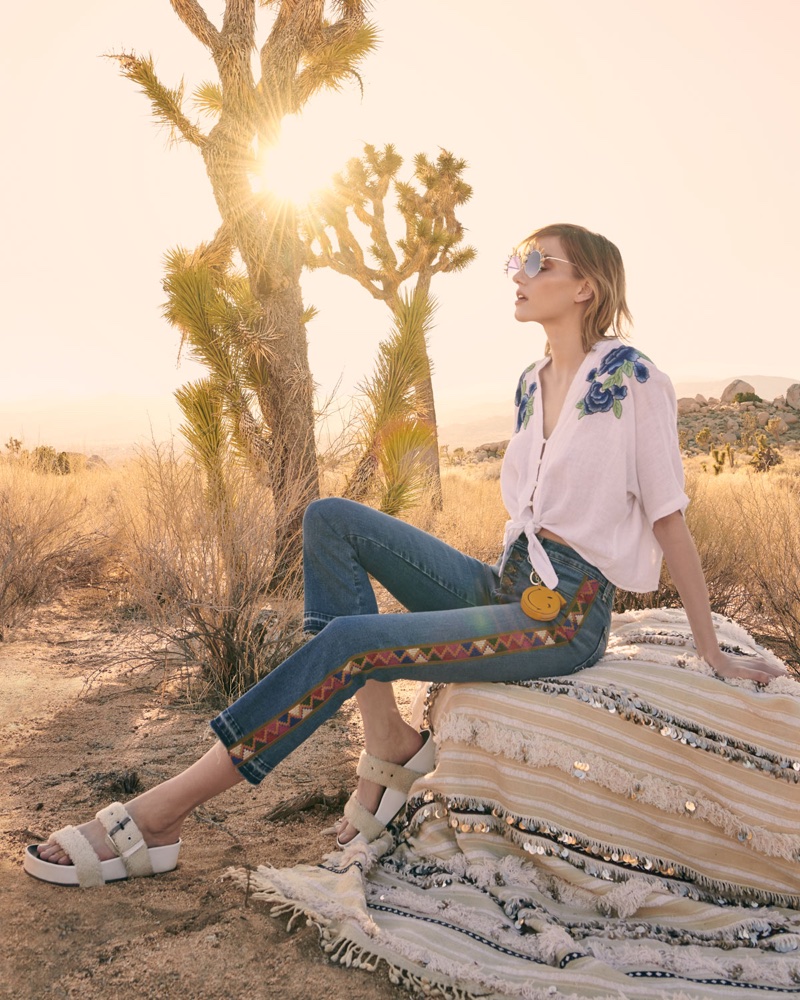 Rails Thea Embroidered Tie-Hem Top and Veronica Beard Carolyn Baby Boot Cropped Jeans with Tapestry Side