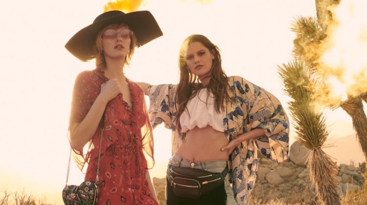 (Left) IRO Bamanta Half-Sleeve Paisley-Print Short Dress and Eugenia Kim Atlas Geo Wool Boater Hat (Right) Elizabeth and James Drew Open-Front Kimono, 3.1 Phillip Lim Off-the-Shoulder Crop Top and Helmut Lang Cutoff Knee-Length Denim Shorts