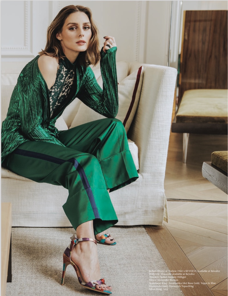 Dressed in green, Olivia Palermo wears House of Harlow 1960 x REVOLVE jacket, Tommy Hilfiger trousers and Alexandre Birman heels