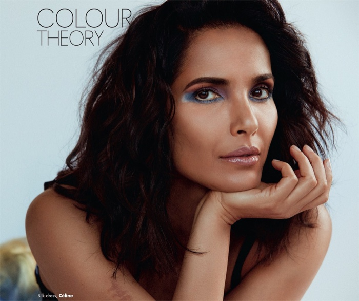 Model Padma Lakshmi shows off a blue eyeshadow look