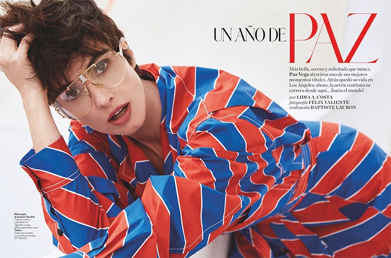 Actress Paz Vega wears Philosophy de Lorenzo Serafini shirt and Celine glasses