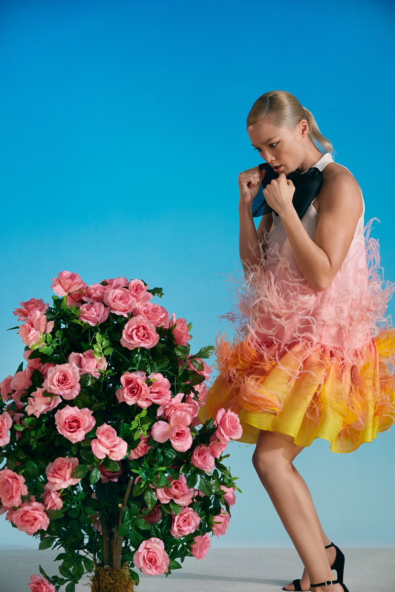 Pom Klementieff poses in Vivetta Alshain silk dress
