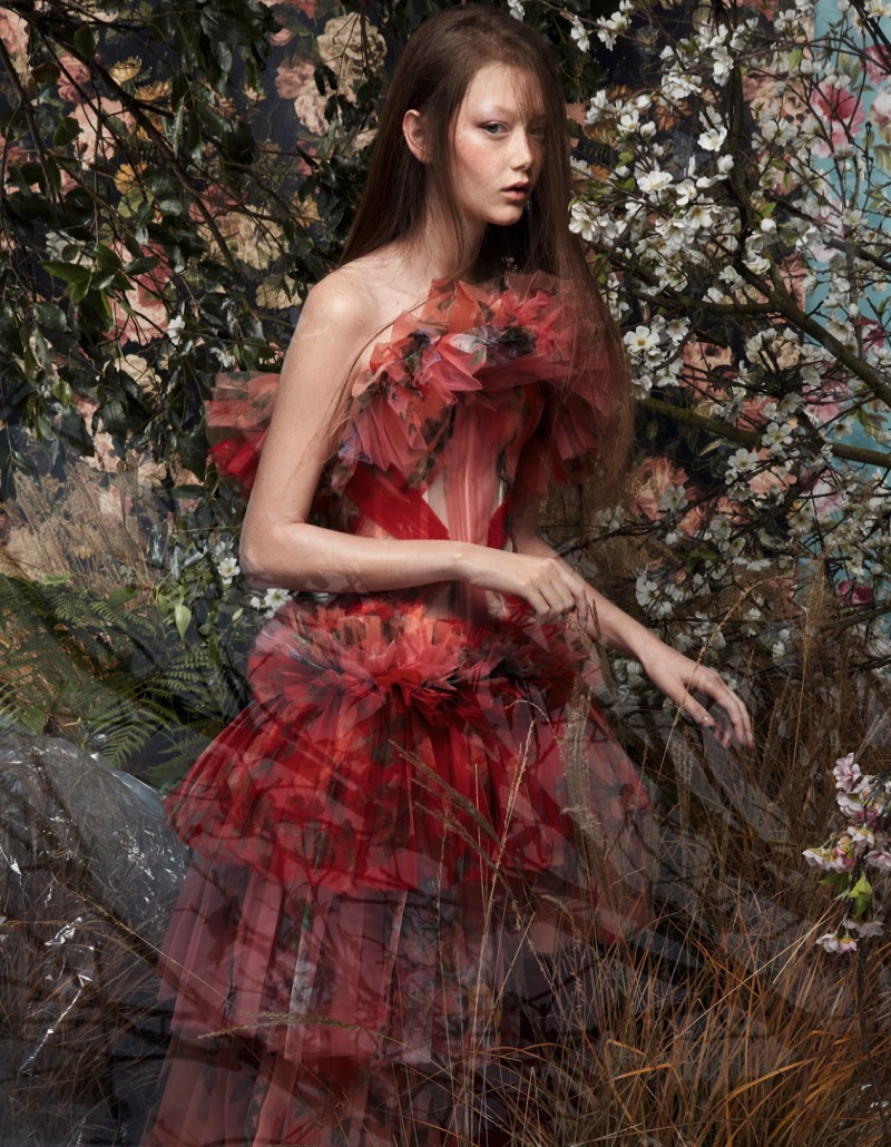 Sara Grace Wallerstedt Charms in Floral Fashions for Vogue China