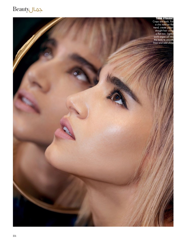 Actress Sofia Boutella wears a hairstyle with blunt bangs