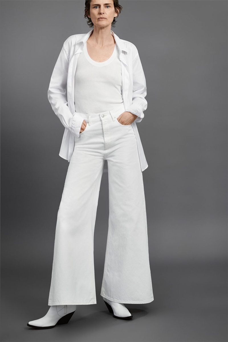 Stella Tennant models white denim for Zara
