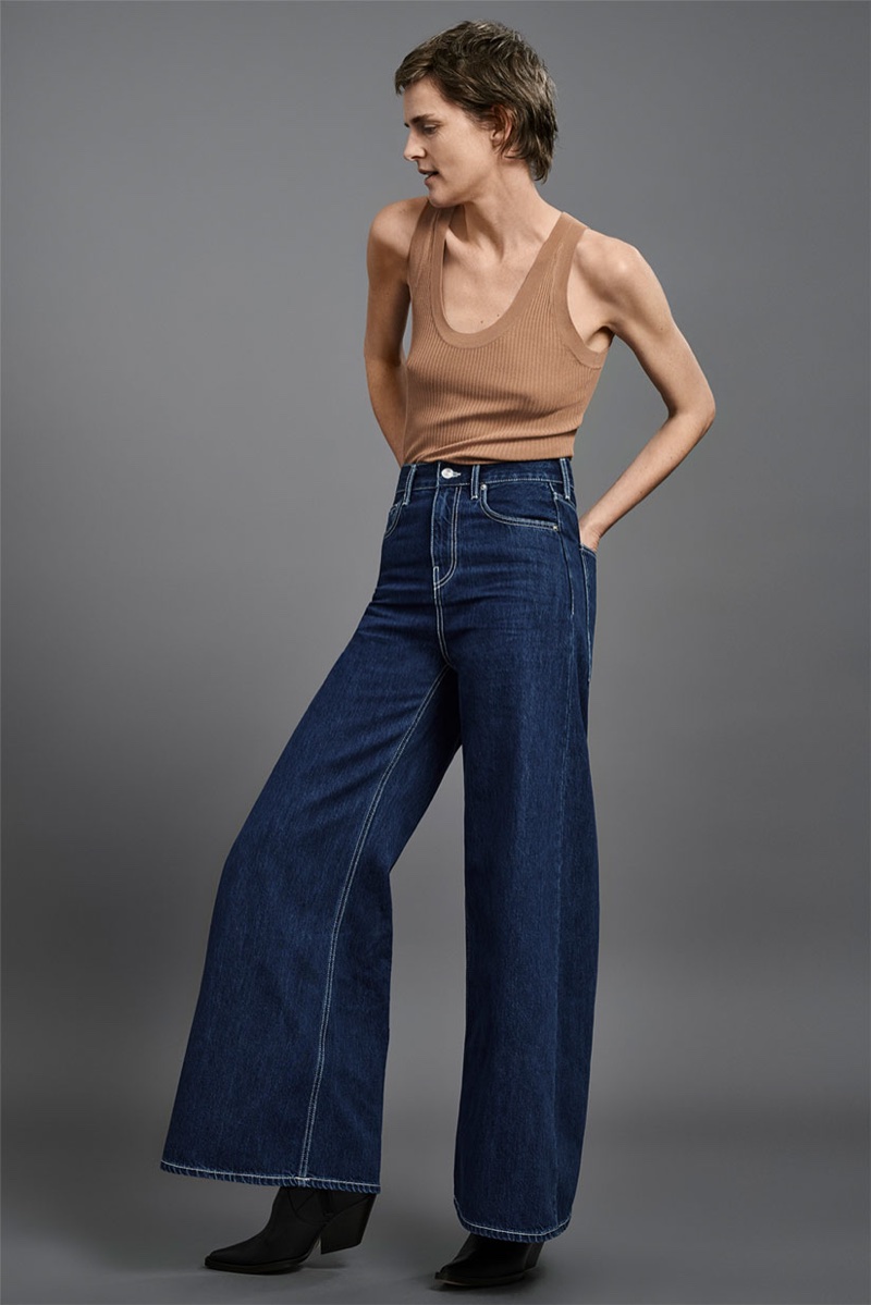 Stella Tennant models Zara ribbed tank with wide-leg jeans
