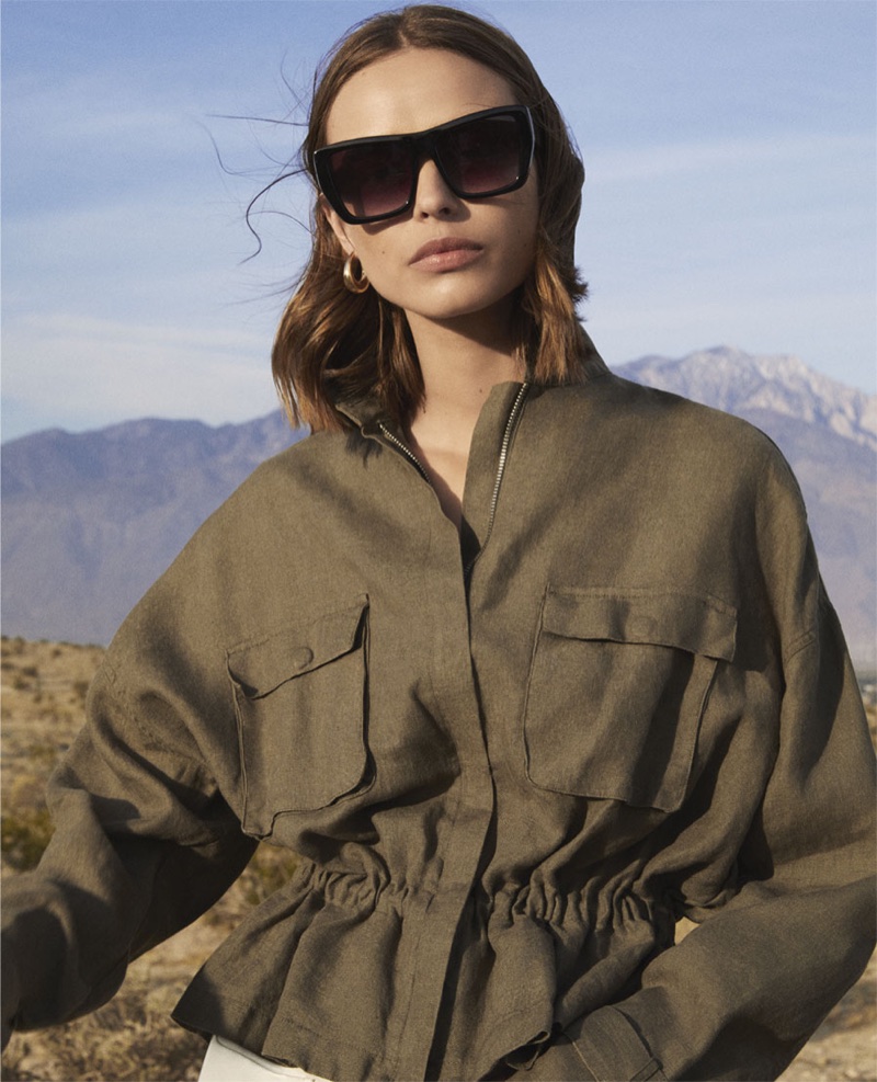 Zara square sunglasses and khaki jacket