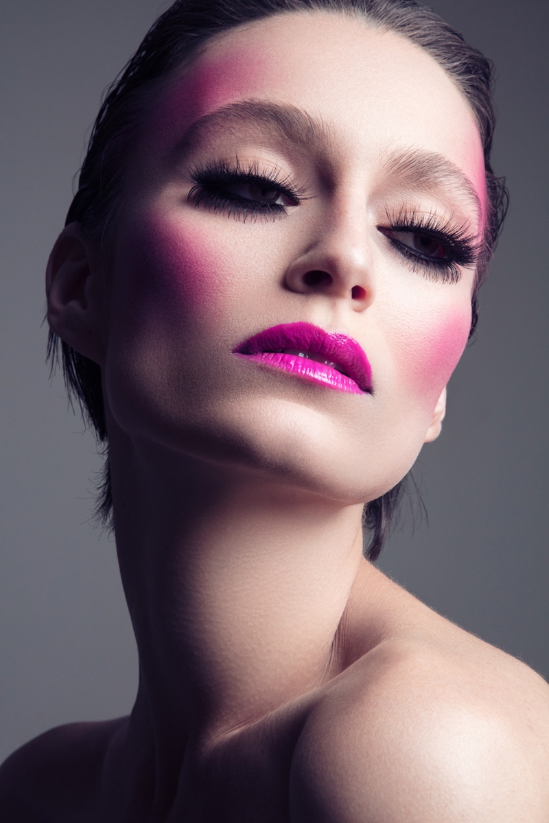 Model Alex Boldea wears vibrant pink cheeks and lip color. Photo: Jeff Tse