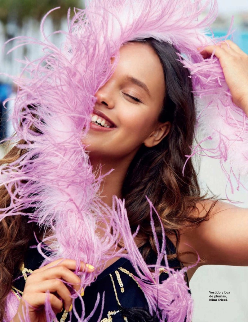 Alisha Boe wears Nina Ricci dress and feathers