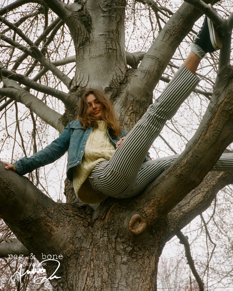 Posing in a tree, Andreea Diaconu fronts Rag & Bone’s DIY Project
