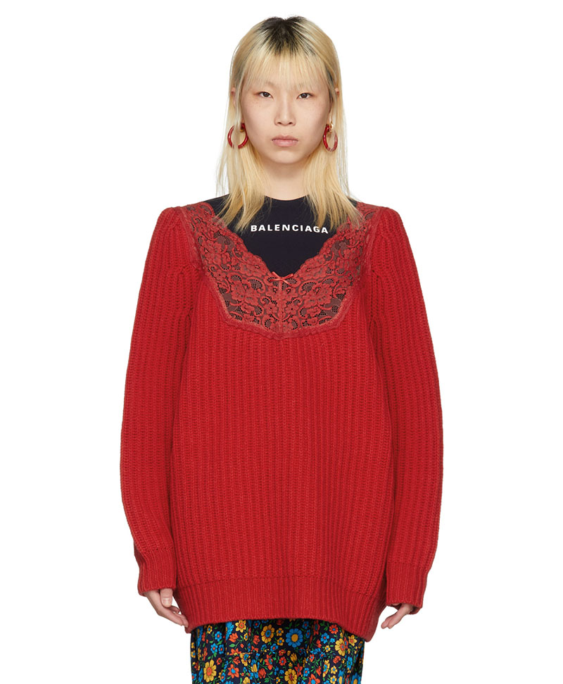 Balenciaga Red Lace Trimmed V-Neck Sweater $783 (previously $1450)
