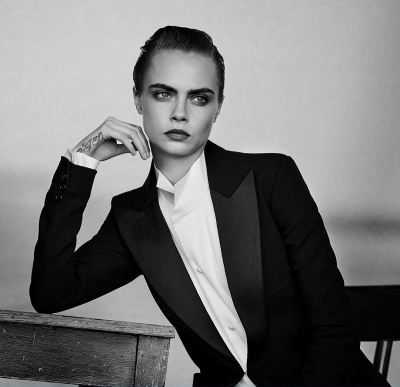 Cara Delevingne wears tuxedo jacket for Douglas Cosmetics