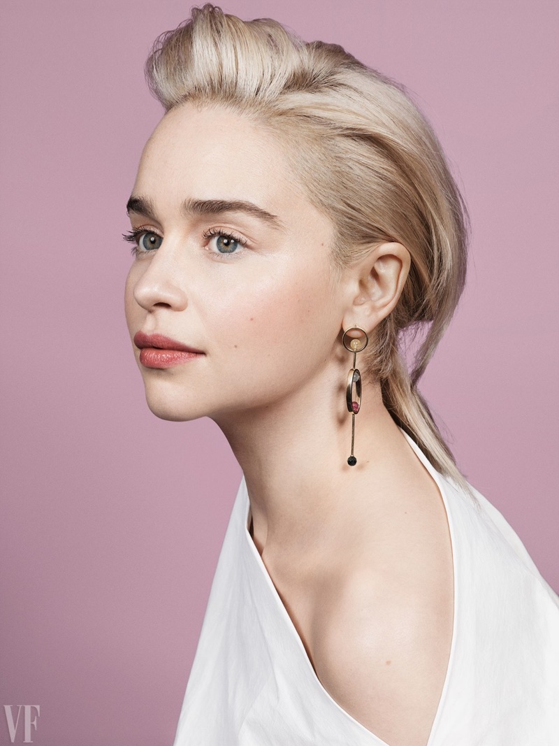 Showing off her blonde locks, Emilia Clarke wears The Row top and Yael Sonia earrings