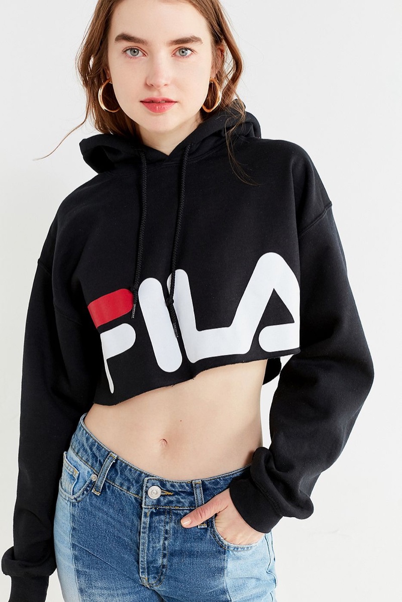 FILA x UO Cropped Hoodie Sweatshirt in Black $65