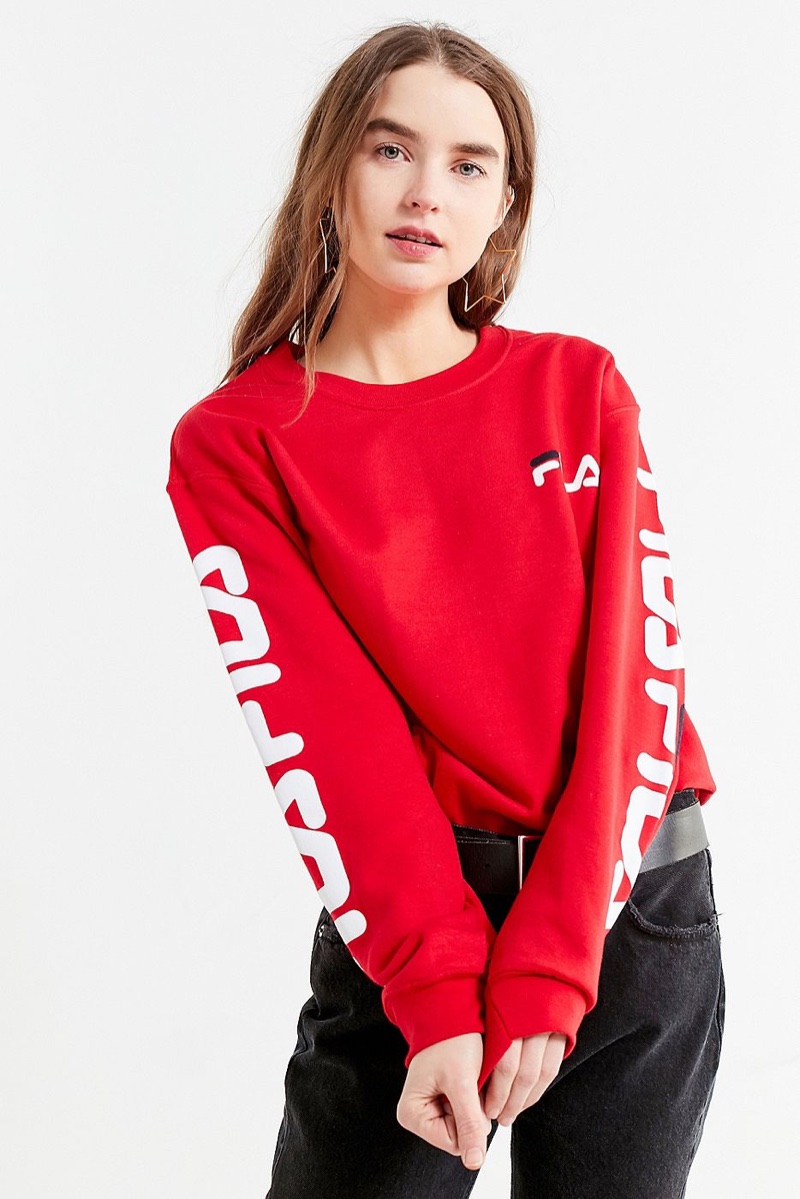 FILA x UO Double Logo Crew-Neck Sweatshirt in Red $55