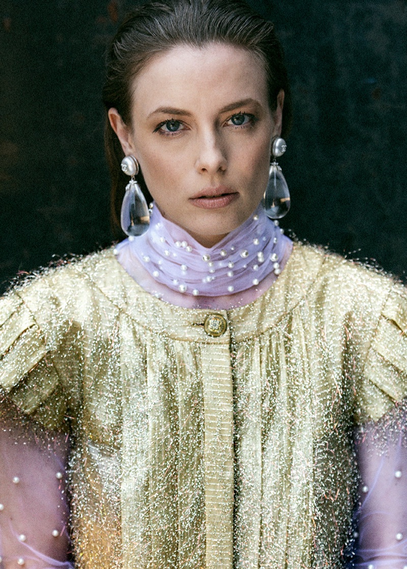 Photographed by Brian Higbee, Gillian Jacobs wears Chanel dress and earrings
