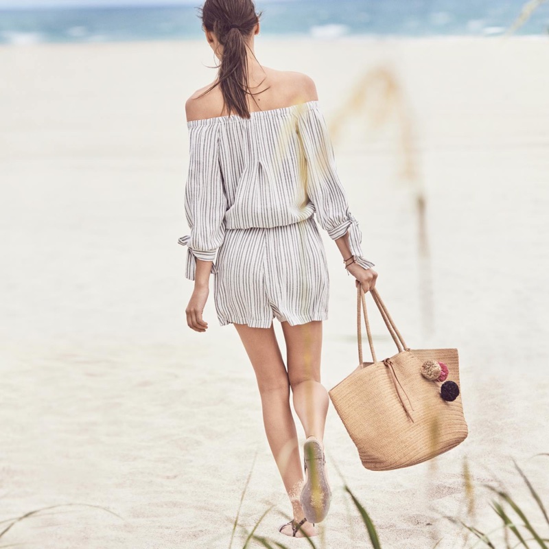 H&M Off-the-Shoulder Jumpsuit and Straw Bag with Pompoms