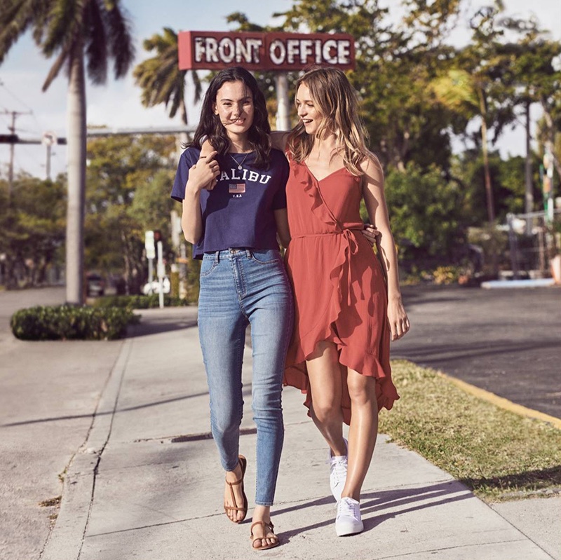 (Left) H&M Short T-Shirt and Sandals (Right) H&M Crêped Wrap-Front Dress and Sneakers