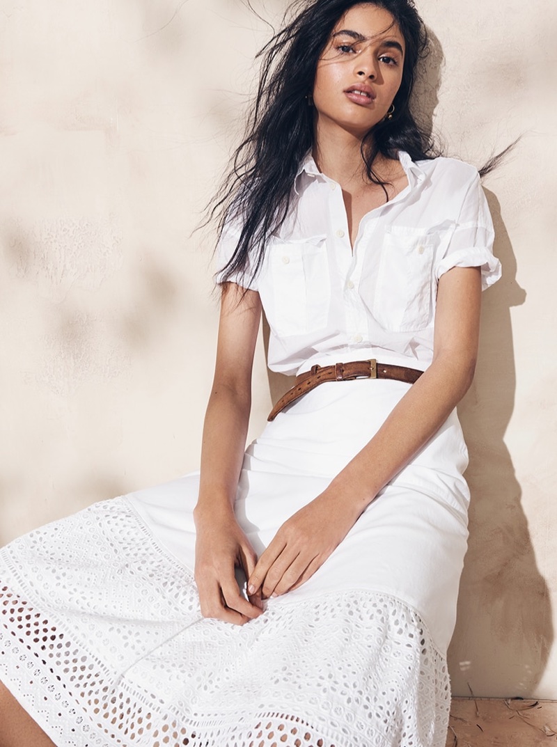 J. Crew Utility Pocket Shirt in Garment-Dyed Cotton Poplin and Point Sur Tiered Skirt in Mixed Eyelet