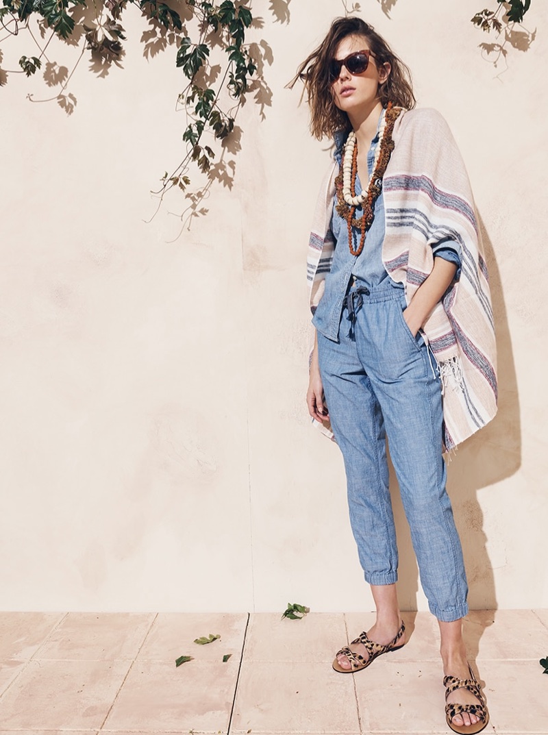 J. Crew Summerweight Cape Scarf in Mixed Stripe, Everyday Chambray Shirt, Leopard Cora Crisscross Sandals and Cabana Oversized Sunglasses