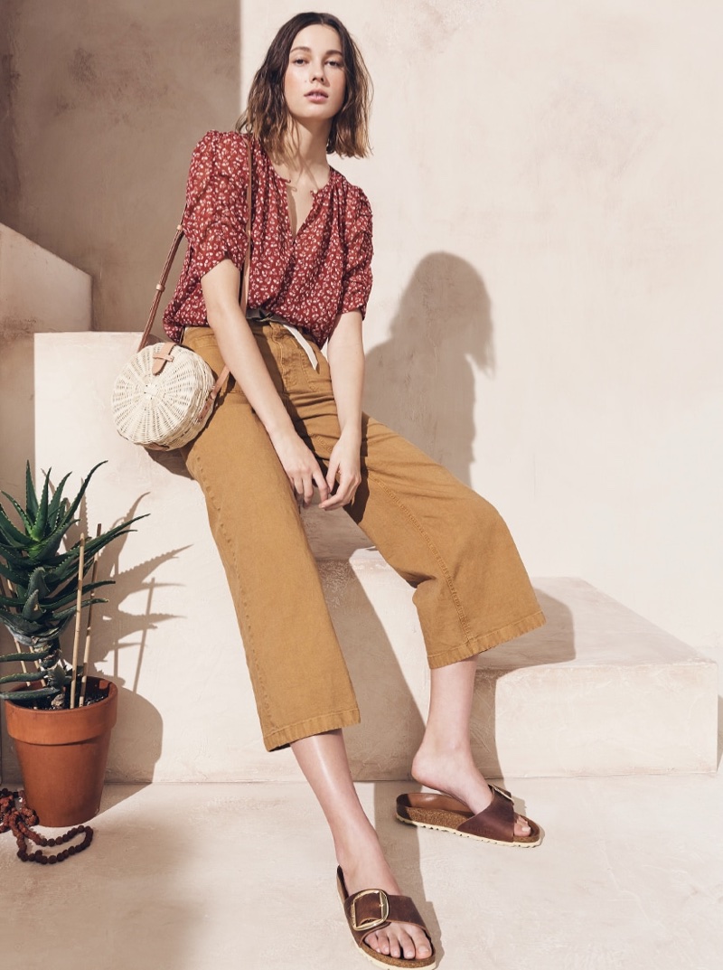 J. Crew Ruched-Sleeve Top in Sparkle Floral, Point Sur Washed Wide-Leg Crop Pant, Circle Straw Crossbody Bag and Birkenstock Madrid Hex Sandals